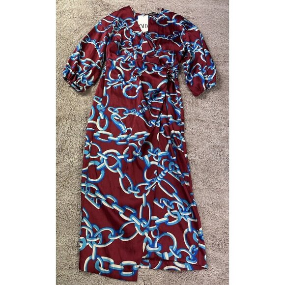 Zara Chain Print V-neck Midi Dress Size S Multicolored Spring Vacation New - Picture 6 of 16